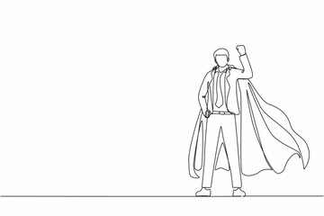 Poster - Single continuous line drawing superhero strong showing muscle. Superhero officer in action. Businessman character superhero. Office employees. Dynamic one line draw graphic design vector illustration