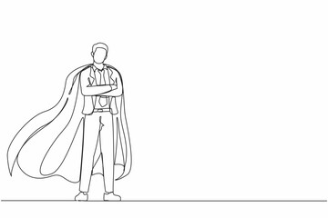 Poster - single continuous line drawing determined businessman or office worker super hero in cloak. the conc