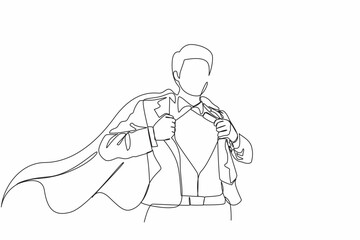 Poster - Single one line drawing handsome young man in business suit wearing tie with shirt. Successful businessman. Hero, ripping off his shirt. Modern continuous line draw design graphic vector illustration