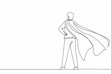 Poster - Continuous one line drawing back view confident businessman standing in suit and cape. Successful super hero entrepreneur. Leadership, achievement, and career. Single line draw design vector graphic