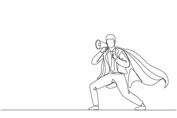 Poster - Single continuous line drawing superhero speaking in megaphone. Superhero in cape, happy businessman holding megaphone, successful team leader. Dynamic one line draw graphic design vector illustration