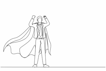 Poster - Single one line drawing businessman superhero character, office worker man superhero. Businessman in cloak or cape, standing in superhero pose. Continuous line draw design graphic vector illustration