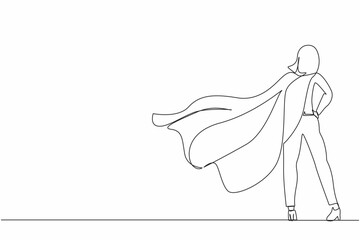 Poster - Single continuous line drawing back view confident businesswoman standing in suit and cape. Successful super hero entrepreneur. Leadership, achievement, and career. One line draw graphic design vector