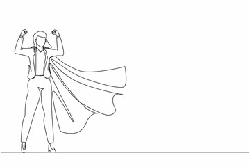 Poster - Single one line drawing businesswoman superhero character, office worker female superhero. Businesswoman in cloak or cape, standing in superhero pose. Modern continuous line draw design graphic vector