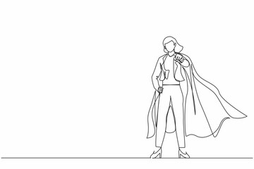 Poster - Single one line drawing leadership businesswoman in superhero cloak. Leader or boss pointing direction goals and aims defining strategy development. Continuous line design graphic vector illustration