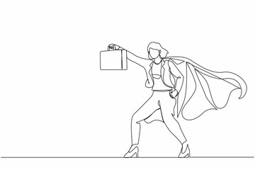 Poster - single continuous line drawing female businesswoman superhero standing with suitcase. portrait of yo