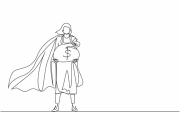 Poster - Continuous one line drawing gigantic profits of financial success. Super businesswoman hero with bag of money. Business metaphor. Success, career. Single line draw design vector graphic illustration