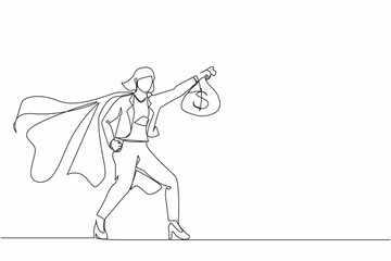 Poster - Single one line drawing superhero businesswoman present symbol of income. Happy employee superhero shows money bag metaphor of income, investment, profit, growth. Continuous line draw design graphic
