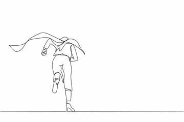 Poster - Single one line drawing back view businesswoman superhero running to office. Powerful businesswoman enthusiastic with ideas, innovation. Modern continuous line draw design graphic vector illustration