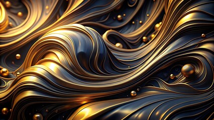 Poster - Abstract background with flowing golden and black waves and spheres creates a luxurious and elegant design