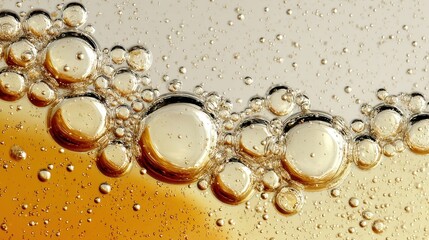 Poster - Shimmering golden bubbles drifting across smooth surface, forming ethereal gradient pattern from deep metallic tones to soft beige, embodying delicate fluid movement
