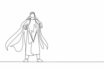 Poster - Single continuous line drawing young Arabic businessman revealing his true identity of powerful superhero. Superhero tearing shirt and wearing costume. One line draw graphic design vector illustration