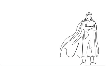 Poster - Single one line drawing determined Arabian businessman or office worker super hero in cloak. The concept of leadership and strength in business. Continuous line draw design graphic vector illustration