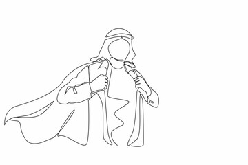 Poster - Single continuous line drawing handsome young man in business Arabic clothes with shirt. Successful Arabian businessman. Hero, ripping off his shirt. One line draw graphic design vector illustration
