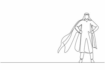 Poster - Continuous one line drawing Arab businessman wearing superhero cloak. Full length of businessman dressed as superhero. Successful businessman superhero. Single line design vector graphic illustration