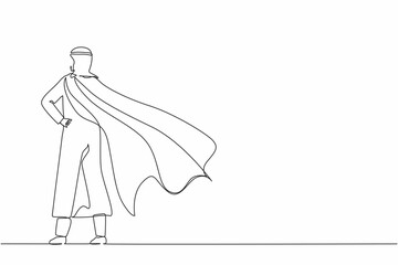 Poster - Continuous one line drawing back view confident Arabian businessman standing with cape. Successful super hero entrepreneur. Leadership, achievement, and career. Single line draw design vector graphic