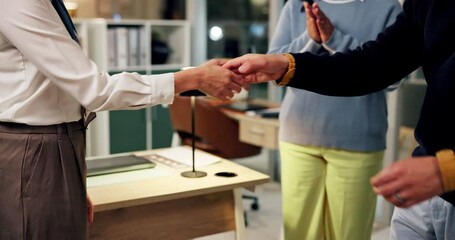 Poster - Business people, meeting and applause with handshake for agreement, B2B or deal at office. Group, colleagues or employees shaking hands for hiring, recruiting or introduction together at workplace
