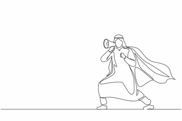 Poster - Single one line drawing superhero speaking in megaphone. Superhero in cape, happy Arabian businessman holding megaphone, successful team leader. Continuous line draw design graphic vector illustration