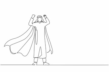Poster - Single continuous line drawing Arabian businessman superhero character, office worker male superhero. Man in cloak or cape, standing in superhero pose. One line draw graphic design vector illustration