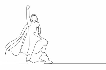 Poster - Single continuous line drawing superhero Arabian businessman in Arabic clothes flying upward with cloak. Joyful man raising his fist in up rejoicing at his success. One line draw graphic design vector