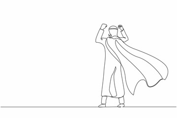 Poster - Continuous one line drawing back view super Arabian businessman. Young man in strong base pose. Success and victory in business. Superhero in cloak. Single line draw design vector graphic illustration