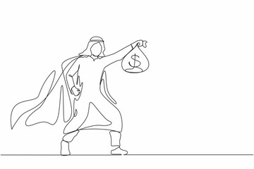 Poster - Continuous one line drawing superhero Arabian businessman present symbol of income. Happy employee superhero shows money bag metaphor of income, investment, profit grow. Single line draw design vector