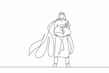 Poster - Single one line drawing gigantic profits of financial success. Super Arabian businessman hero with a bag of money. Business metaphor concept. Modern continuous line design graphic vector illustration