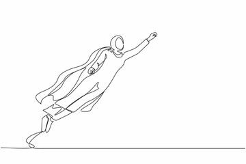 Poster - Single continuous line drawing super Arabian businesswoman raised fist and flying in the air. Superhero of business, financial, growth, career, leader. One line draw graphic design vector illustration