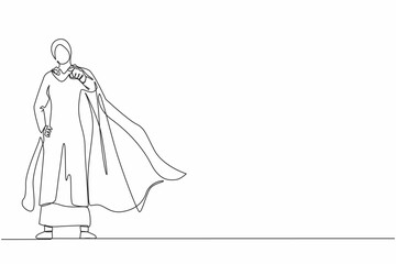 Poster - Single one line drawing leadership Arabic businesswoman in superhero cloak. Leader or boss pointing direction goals, aims defining strategy development. Continuous line draw design vector illustration