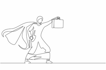 Poster - Continuous one line drawing Arabian businesswoman superhero standing with suitcase. Portrait of young office worker. Office, business, employee. Single line draw design vector graphic illustration