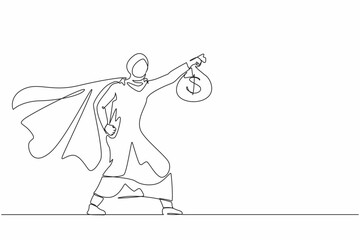 Poster - Continuous one line drawing superhero Arabian businesswoman present symbol of income. Happy employee superhero shows money bag metaphor of income, investment, profit, growth. Single line design vector