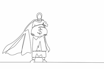 Poster - Single continuous line drawing gigantic profits of financial success. Super Arabic businesswoman hero with bag of money. Business metaphor. Success, career. One line graphic design vector illustration