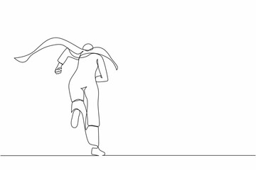 Poster - Continuous one line drawing back view Arabian businesswoman superhero running to office. Powerful businesswoman enthusiastic with ideas, innovation. Single line draw design vector graphic illustration