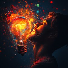 Poster - Man with creative light bulb, explosion of ideas, glowing mind, brainstorming for solutions, smart brain, generative AI  high resolution   for isolate image