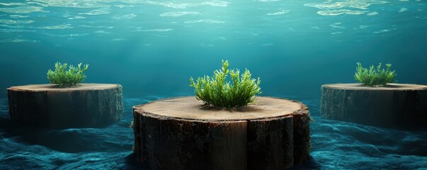 Aufkleber - Three submerged tree stumps with green plants growing on top, surrounded by clear blue underwater scenery.