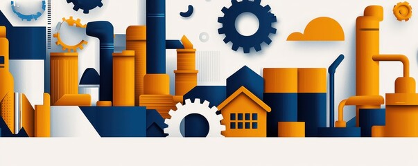 Poster - A colorful illustration of industrial buildings, gears, and chimneys representing a modern factory landscape.