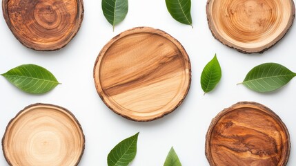 Poster - Round wooden slices and green leaves arranged on a white background in a flat lay pattern.