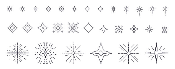 Poster - Pixel stars. 8bit sparkles. Festive firework icons in retro 90s style. Shine glitter Christmas decoration. Twinkle y2k snowflakes. Vintage party elements isolated. Vector set illustration.