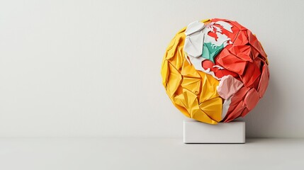 Poster - A colorful origami globe made from crumpled paper sits on a white stand against a plain background.