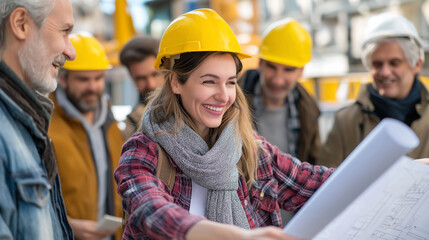 Poster - A diverse group of professionals meets outdoors, excitedly discussing building plans. The central figure holds blueprints, reflecting teamwork and planning for new projects in construction
