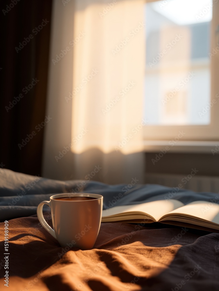 Cozy morning scene with steaming coffee cup and open book on bed ...