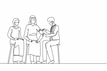 Poster - Single one line drawing doctor gives patient antiviral injection. Doctor inject coronavirus vaccine in Arab man arm muscle. Vaccination against coronavirus. Continuous line design vector illustration
