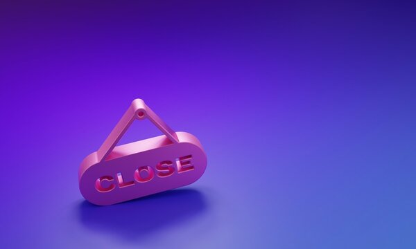 Pink Hanging sign with text Close icon isolated on purple-blue background. Business theme for cafe or restaurant. Minimalism concept. 3D render illustration