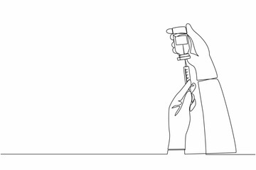 Poster - Single continuous line drawing coronavirus vaccine. Hands of doctor, nurse, scientist hold ampoule, syringe. Bottle and ampoule containing drug for Covid-19. One line draw design vector illustration