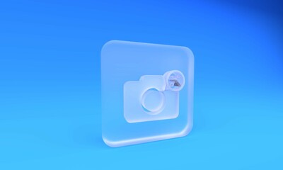 Poster - Frosted glass Photo camera with screwdriver and wrench icon isolated on blue background. Adjusting, service, setting, maintenance, repair, fixing. Square frosted glass button. 3D render illustration