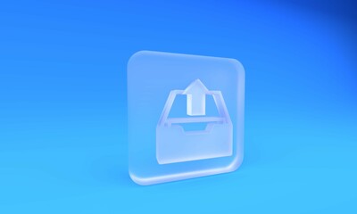 Poster - Frosted glass Upload inbox icon isolated on blue background. Extract files from archive. Square frosted glass button. 3D render illustration
