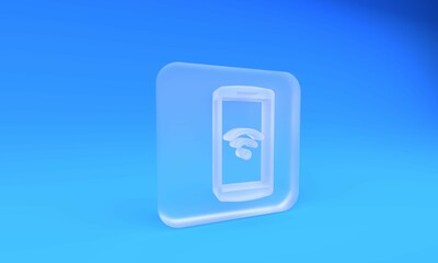 Poster - Frosted glass Smartphone with free wi-fi wireless connection icon isolated on blue background. Wireless technology, network, hotspot concepts. Square frosted glass button. 3D render illustration