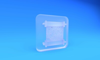 Poster - Frosted glass Paper scroll icon isolated on blue background. Canvas scroll sign. Square frosted glass button. 3D render illustration