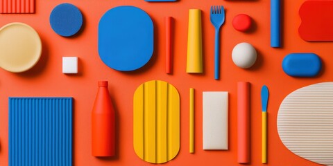 Poster - Colorful geometric objects and utensils arranged neatly on a vibrant orange background.