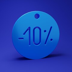 Poster - Blue Ten discount percent tag icon isolated on blue background. Shopping tag sign. Special offer sign. Discount coupons symbol. Minimalism concept. 3D render illustration